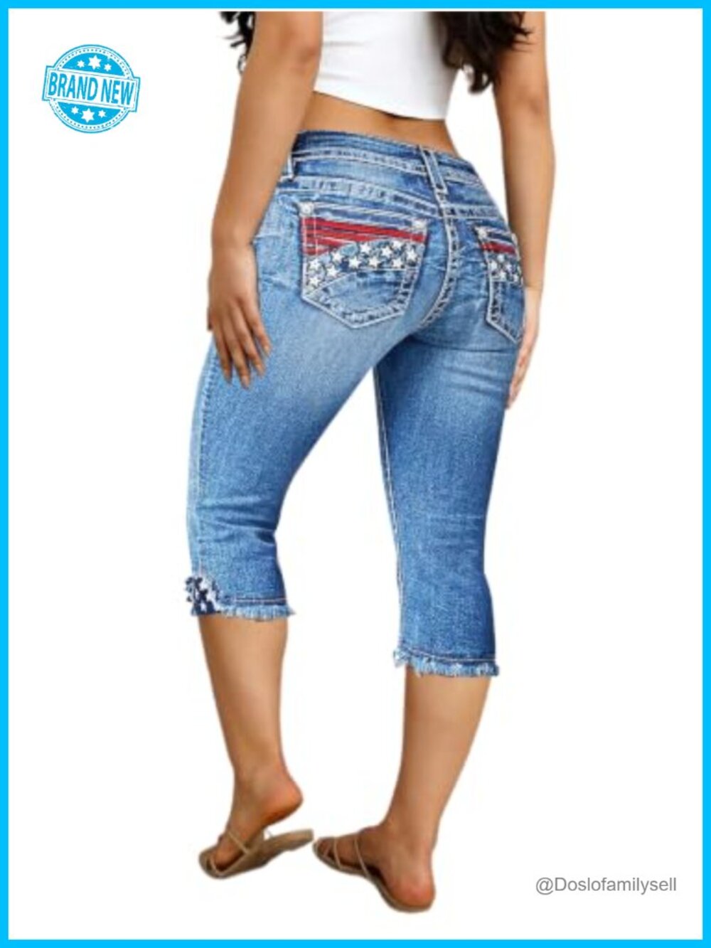 Mid Rise Capri Jeans Butt Lifting Raw Hem Embroidered Crop Denim